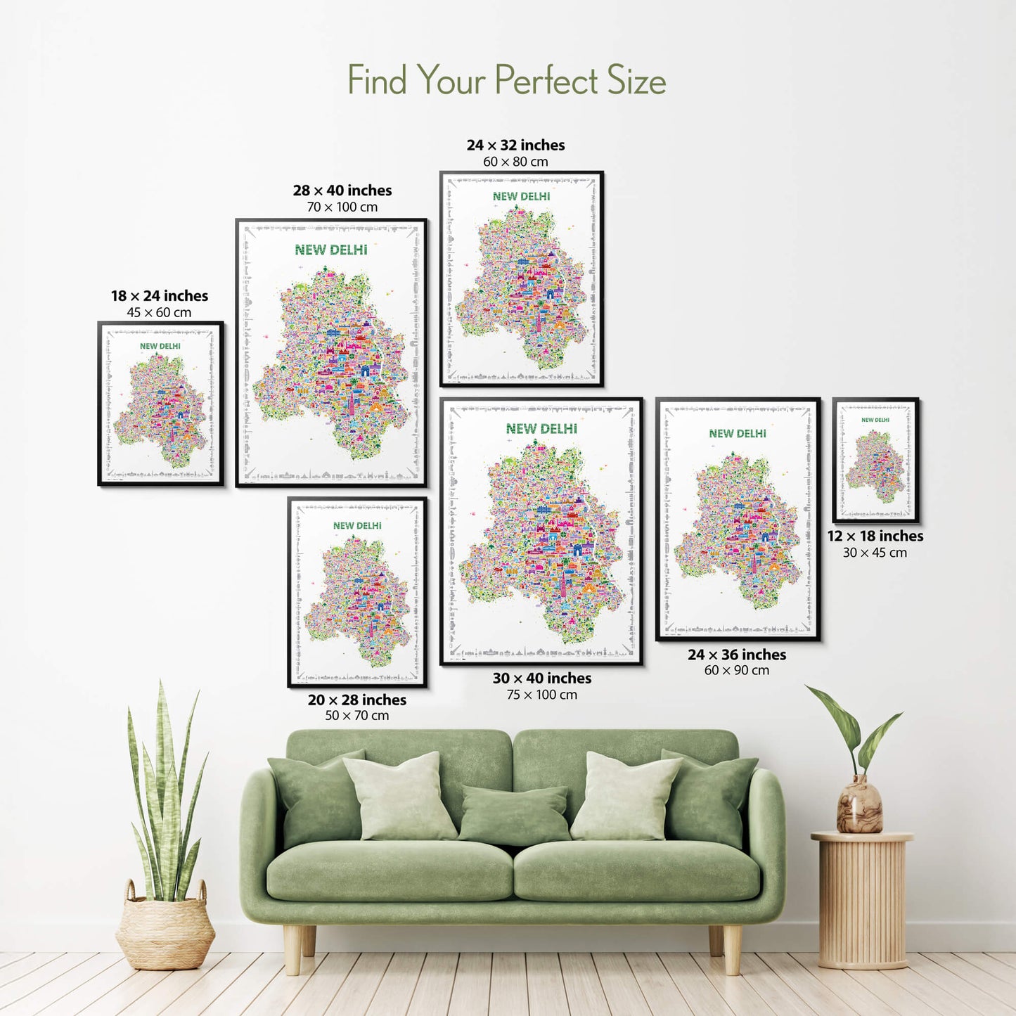 Colorful New Delhi illustrated map poster size guide showing seven framed print sizes from 12 x 18 to 30 x 40 inches above a green sofa.