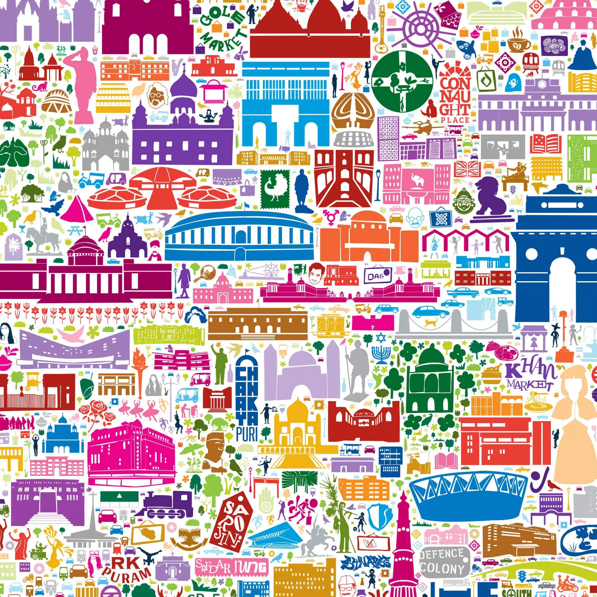 Colorful pattern of various icons and symbols on a white background