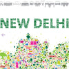 Illustration of 'New Delhi' with colorful icons representing city elements on a white background.