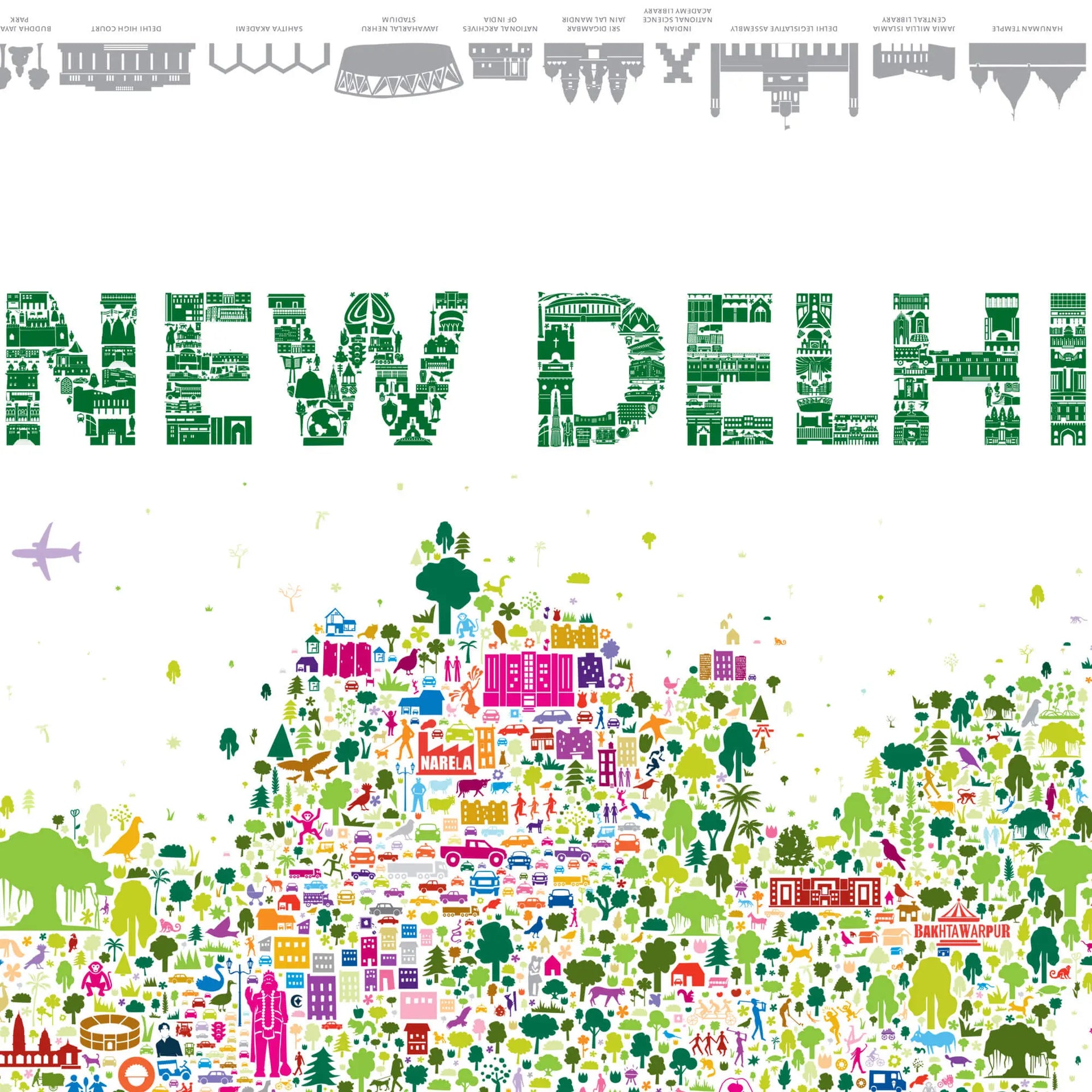 Illustration of 'New Delhi' with colorful icons representing city elements on a white background.