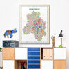 Colorful map of New Delhi on a wall above a wooden cabinet.