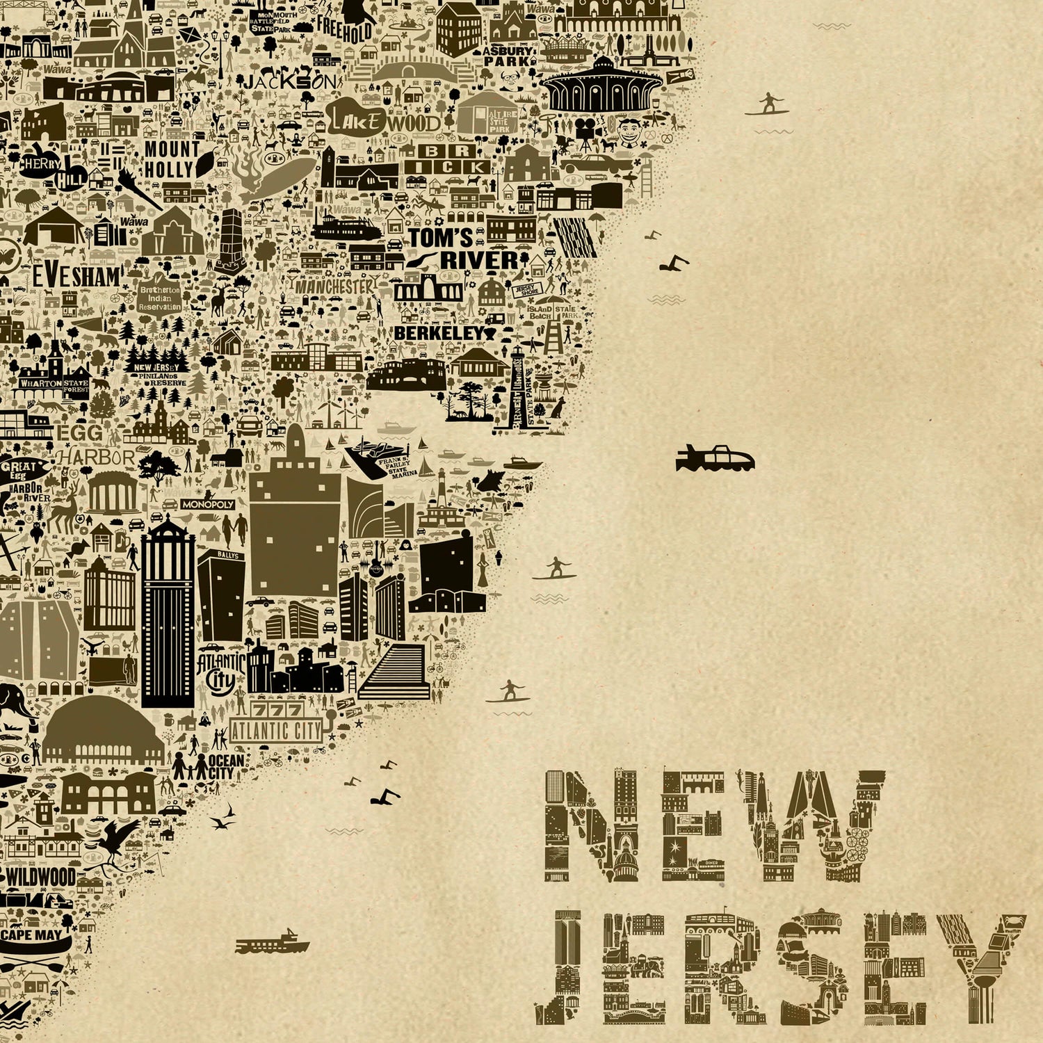 Detailed close-up of the Iconic New Jersey Antique Edition highlighting Atlantic City, Ocean City, Cape May, Toms River, the Jersey Shore, boardwalk landmarks, coastal architecture, and vintage typography spelling NEW JERSEY. Historic sepia travel map wall art.