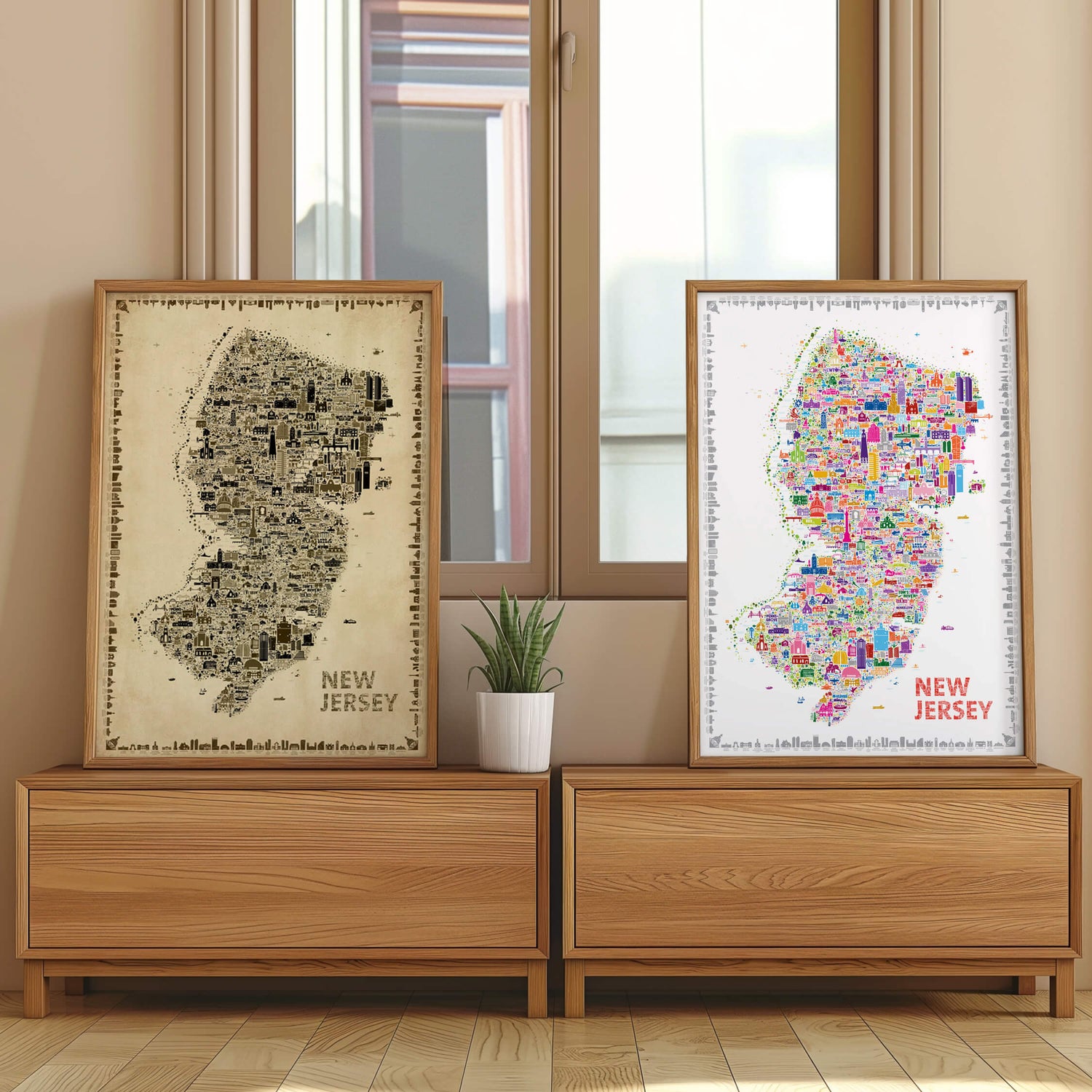 Side-by-side comparison of the Iconic New Jersey Antique Edition in vintage sepia and the colorful edition, helping collectors choose between timeless old-world elegance and vibrant contemporary map artwork of the Garden State.