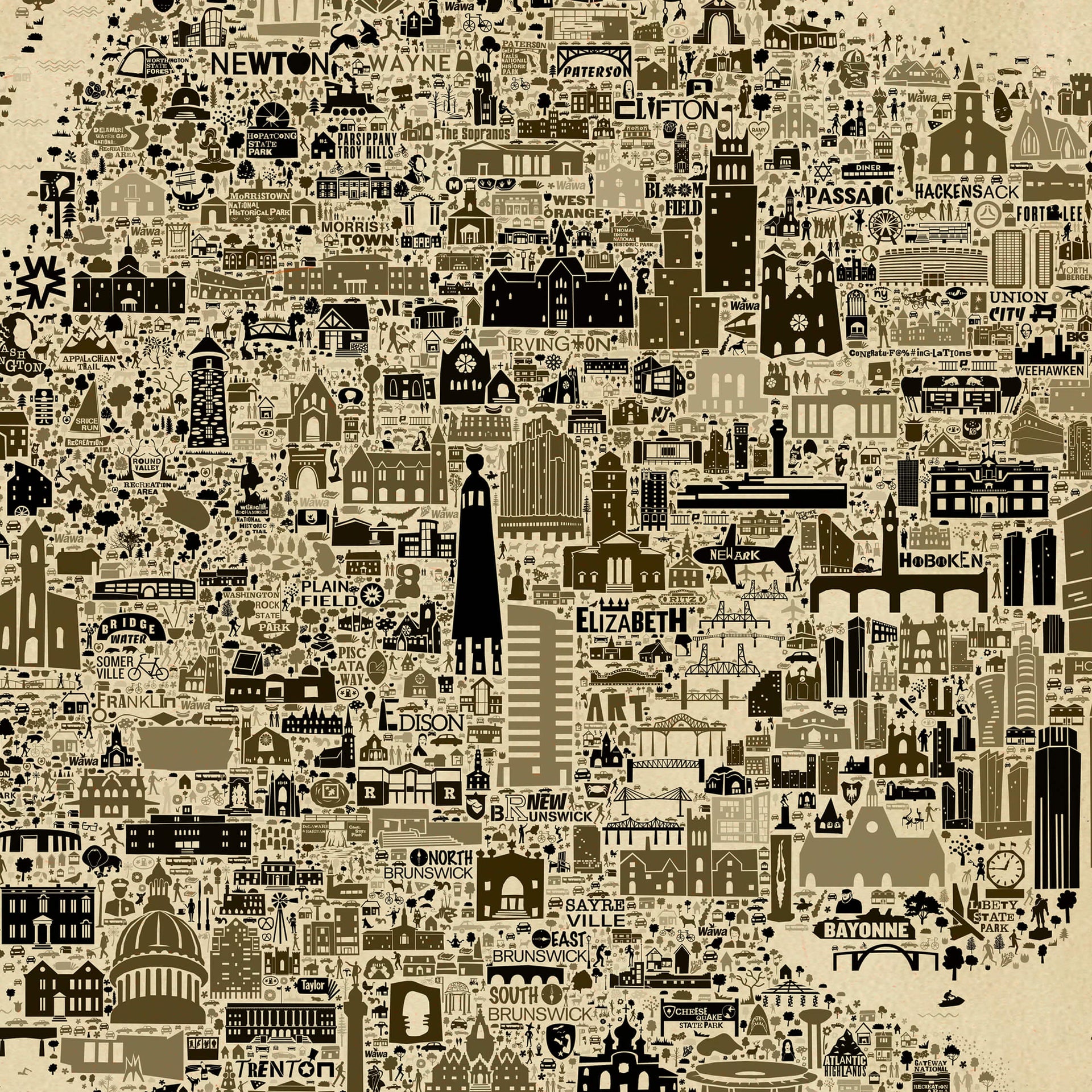 Close-up of the Iconic New Jersey Antique Edition showing intricate illustrations of Newark, Elizabeth, Princeton, Hoboken, Trenton, Paterson, bridges, churches, universities, historic buildings, and architectural landmarks. Vintage sepia map artwork with exceptional detail and collectible old-world design.