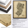 New Jersey Antique illustrated state map poster with black, natural and white hardwood frame options, premium matte paper and framing specifications.