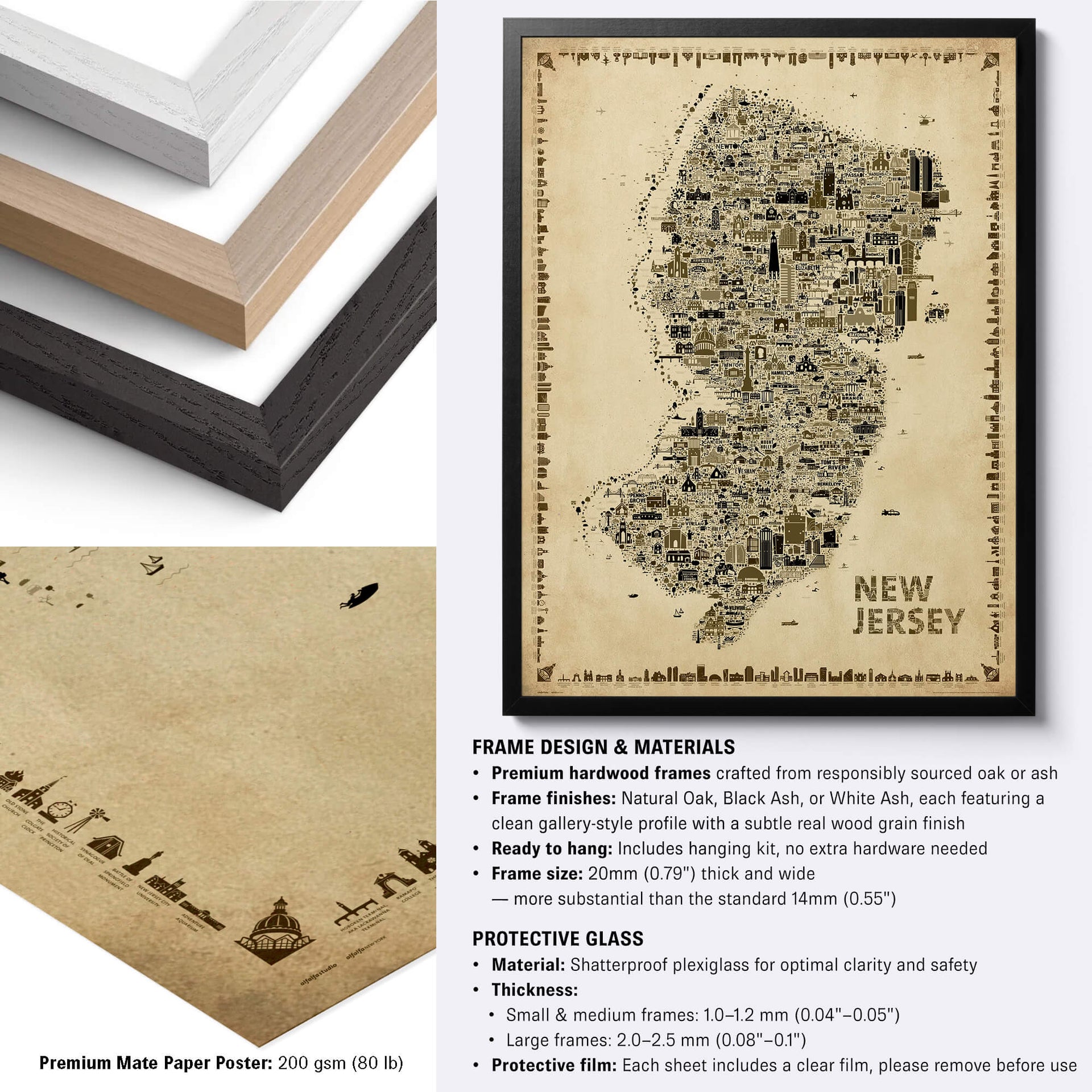 New Jersey Antique illustrated state map poster with black, natural and white hardwood frame options, premium matte paper and framing specifications.