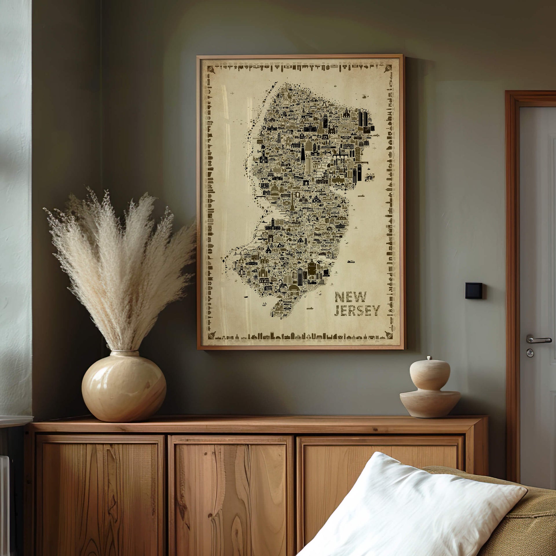 Vintage New Jersey Antique Edition displayed above a contemporary wood sideboard in a dramatic modern interior. Rich sepia artwork combining old-world elegance with contemporary designer décor.