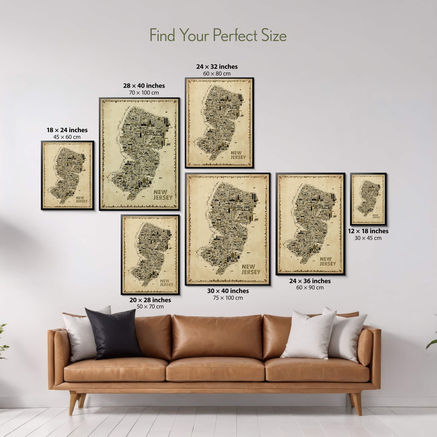 Size comparison guide for the Iconic New Jersey Antique Edition showing all seven available poster sizes displayed above a modern sofa to help choose the perfect vintage wall art for any room.