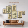 Size comparison guide for the Iconic New Jersey Antique Edition showing all seven available poster sizes displayed above a modern sofa to help choose the perfect vintage wall art for any room.
