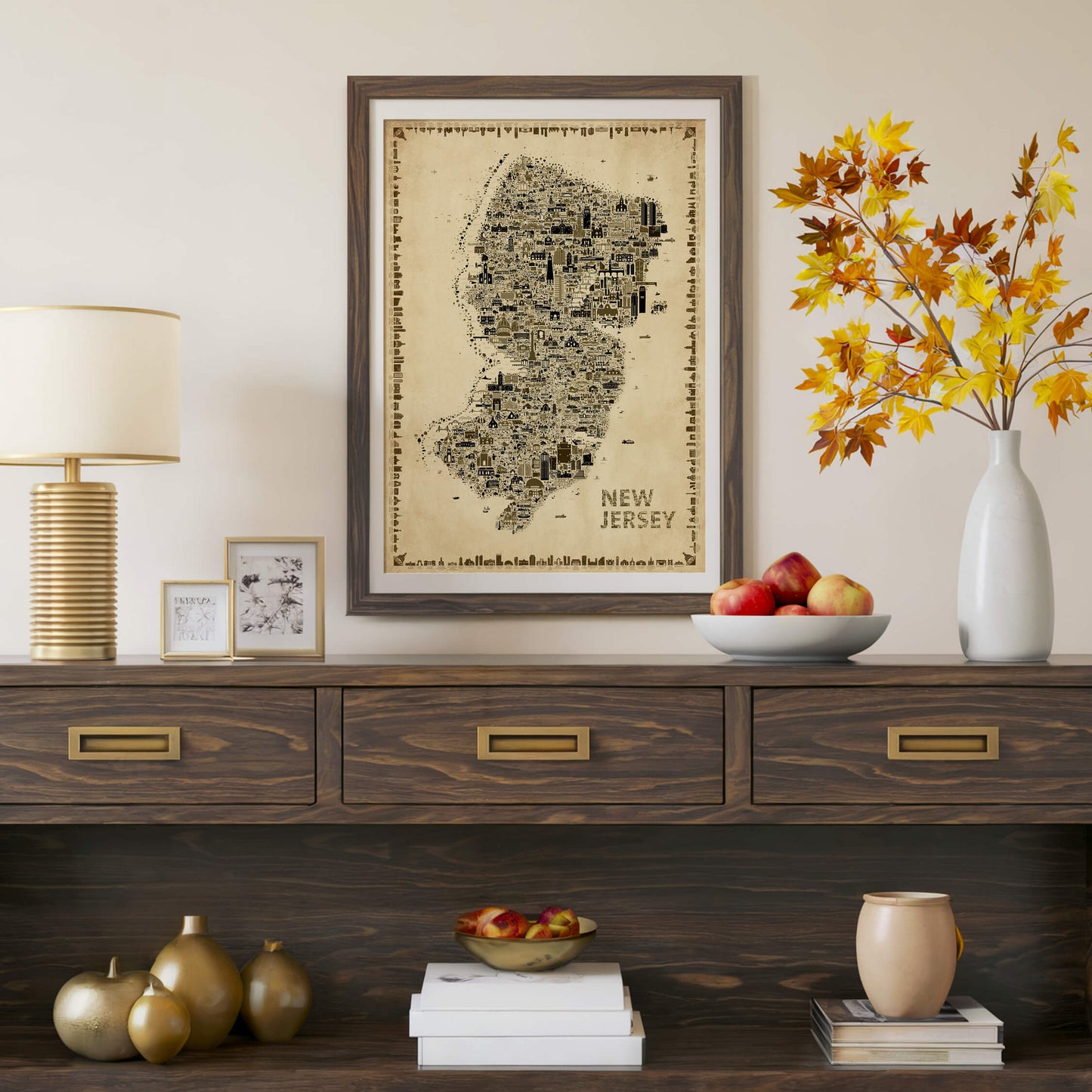 Iconic New Jersey Antique Edition framed in natural wood above an elegant sideboard with decorative accents. Vintage sepia map artwork combining historic charm with modern interior design.