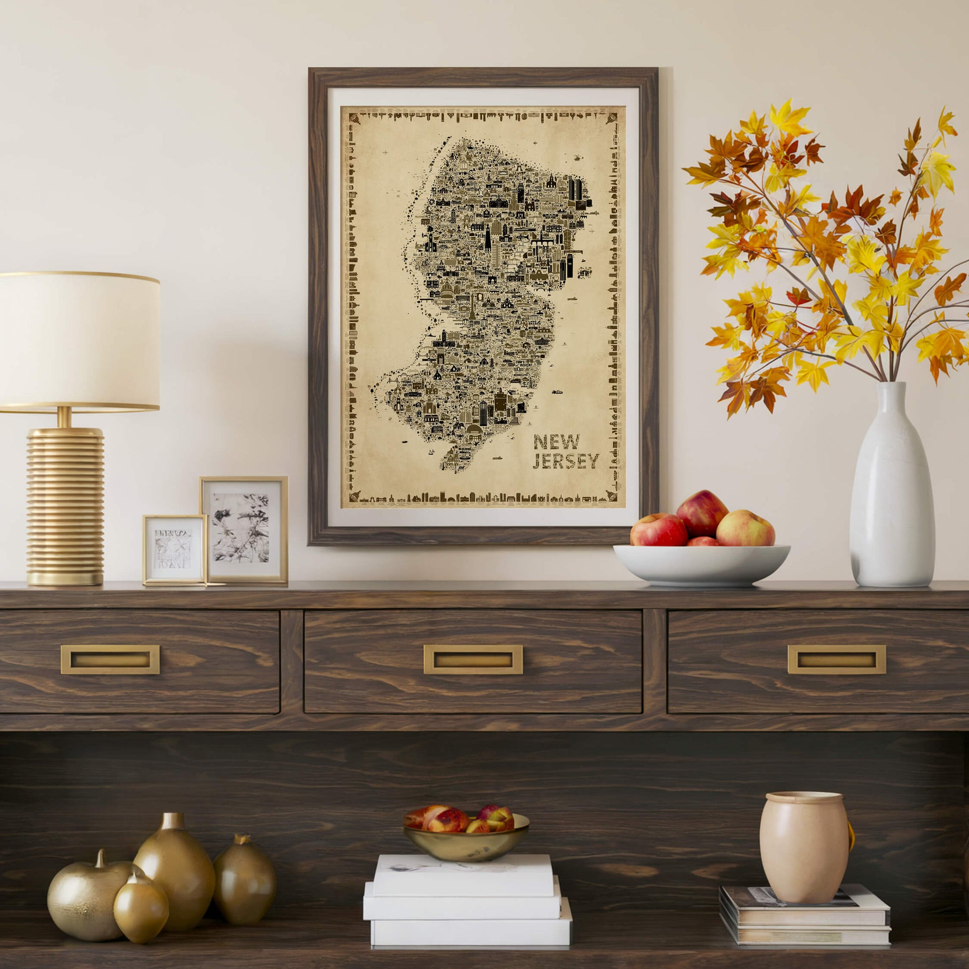 Iconic New Jersey Antique Edition framed in natural wood above an elegant sideboard with decorative accents. Vintage sepia map artwork combining historic charm with modern interior design.