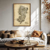 Iconic New Jersey Antique Edition displayed in a premium natural wood frame above a contemporary sofa, showcasing timeless vintage map artwork, elegant sepia tones, and sophisticated home décor inspired by the Garden State.