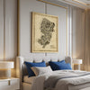 Vintage New Jersey Antique Edition map poster displayed above an elegant upholstered bed, adding sophisticated old-world character, timeless sepia artwork, and refined designer bedroom décor.