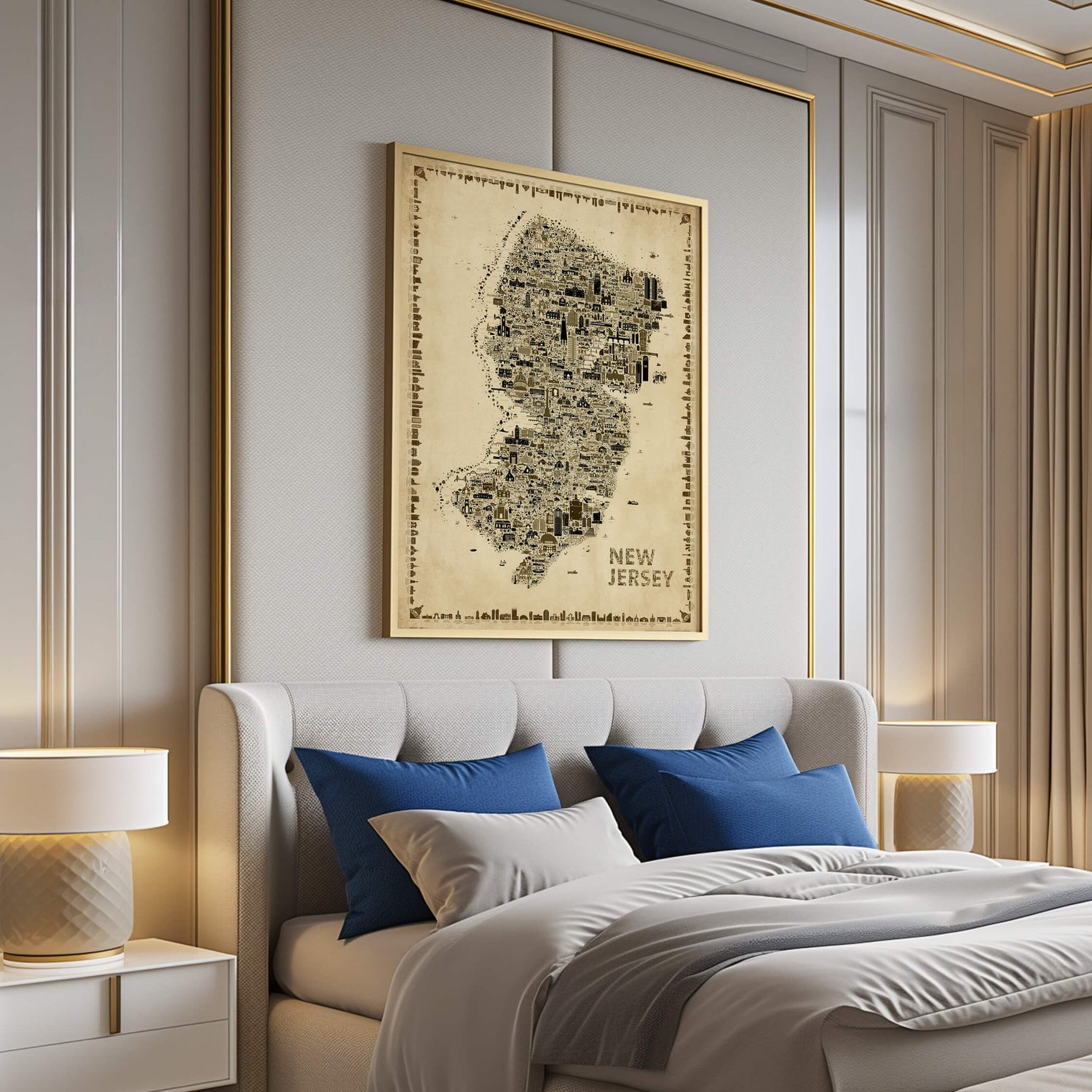 Vintage New Jersey Antique Edition map poster displayed above an elegant upholstered bed, adding sophisticated old-world character, timeless sepia artwork, and refined designer bedroom décor.