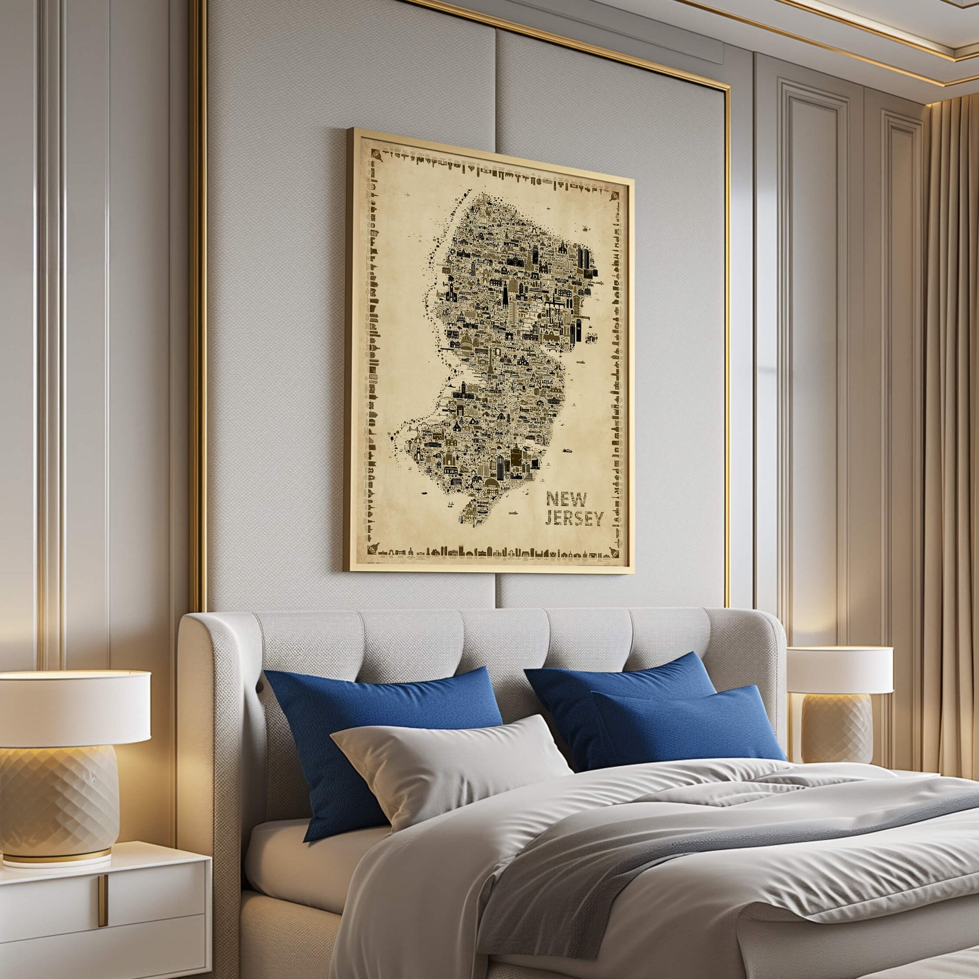Vintage New Jersey Antique Edition map poster displayed above an elegant upholstered bed, adding sophisticated old-world character, timeless sepia artwork, and refined designer bedroom décor.