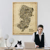 Iconic New Jersey Antique Edition vintage map poster decorating a bright home office where a young professional works beside a tuxedo cat. Elegant sepia wall art with timeless old-world charm and designer appeal.