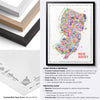 Colorful New Jersey illustrated state map poster with black, natural and white hardwood frames, premium matte paper and framing specifications.
