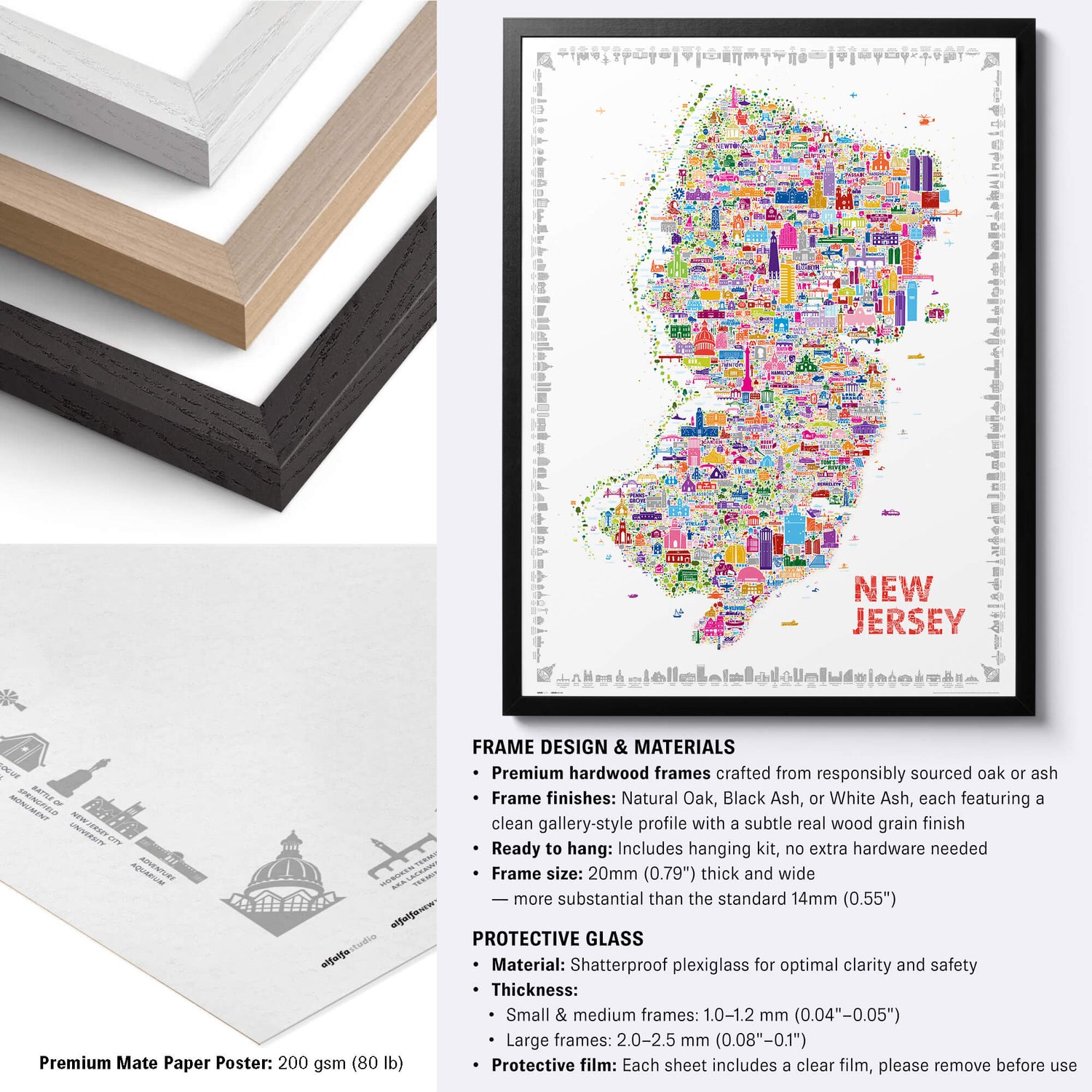 Colorful New Jersey illustrated state map poster with black, natural and white hardwood frames, premium matte paper and framing specifications.