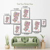 Colorful New Jersey illustrated map poster size guide showing seven framed print sizes from 12 x 18 to 30 x 40 inches above a green sofa.