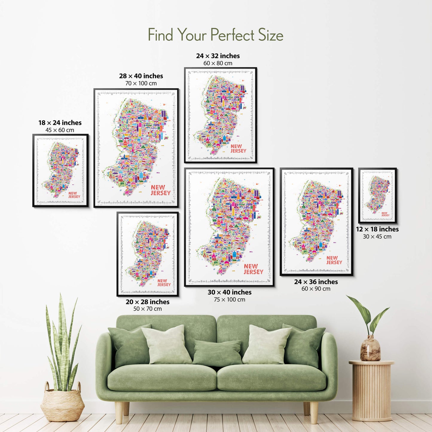 Colorful New Jersey illustrated map poster size guide showing seven framed print sizes from 12 x 18 to 30 x 40 inches above a green sofa.