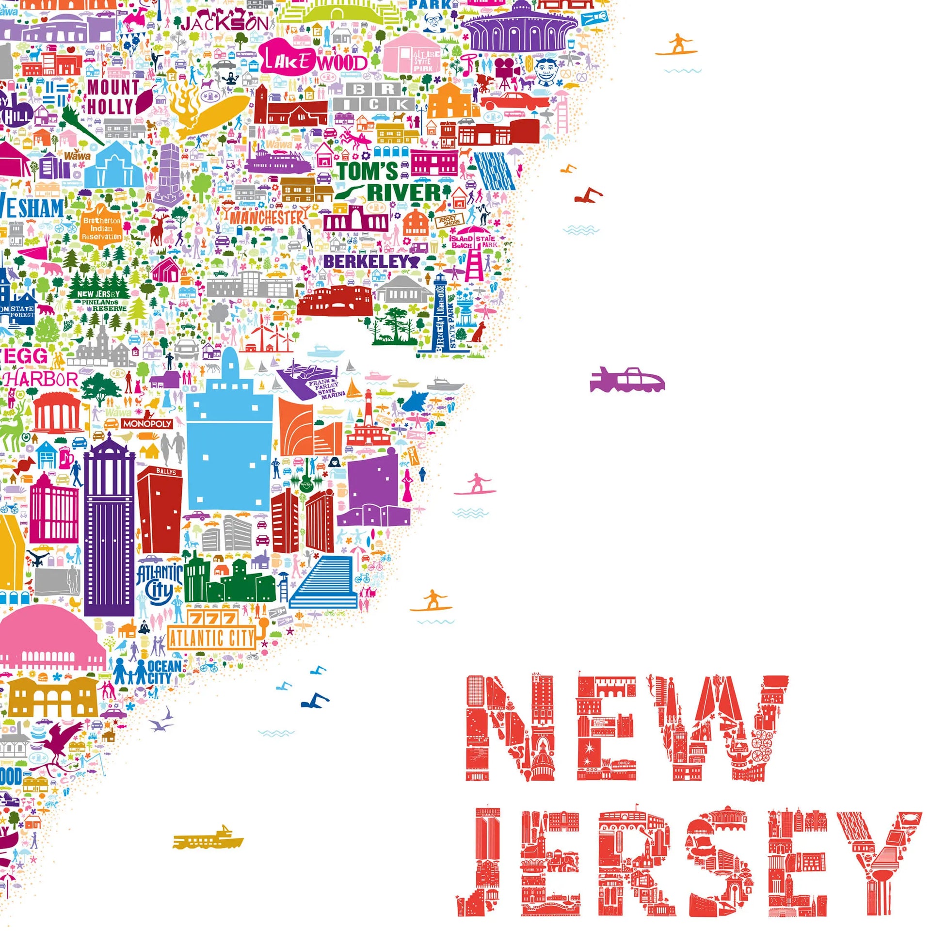 “Close-up of colorful New Jersey city map art print featuring Atlantic City, Tom’s River, and Lakewood — vibrant modern wall art design by Alfalfa New York.