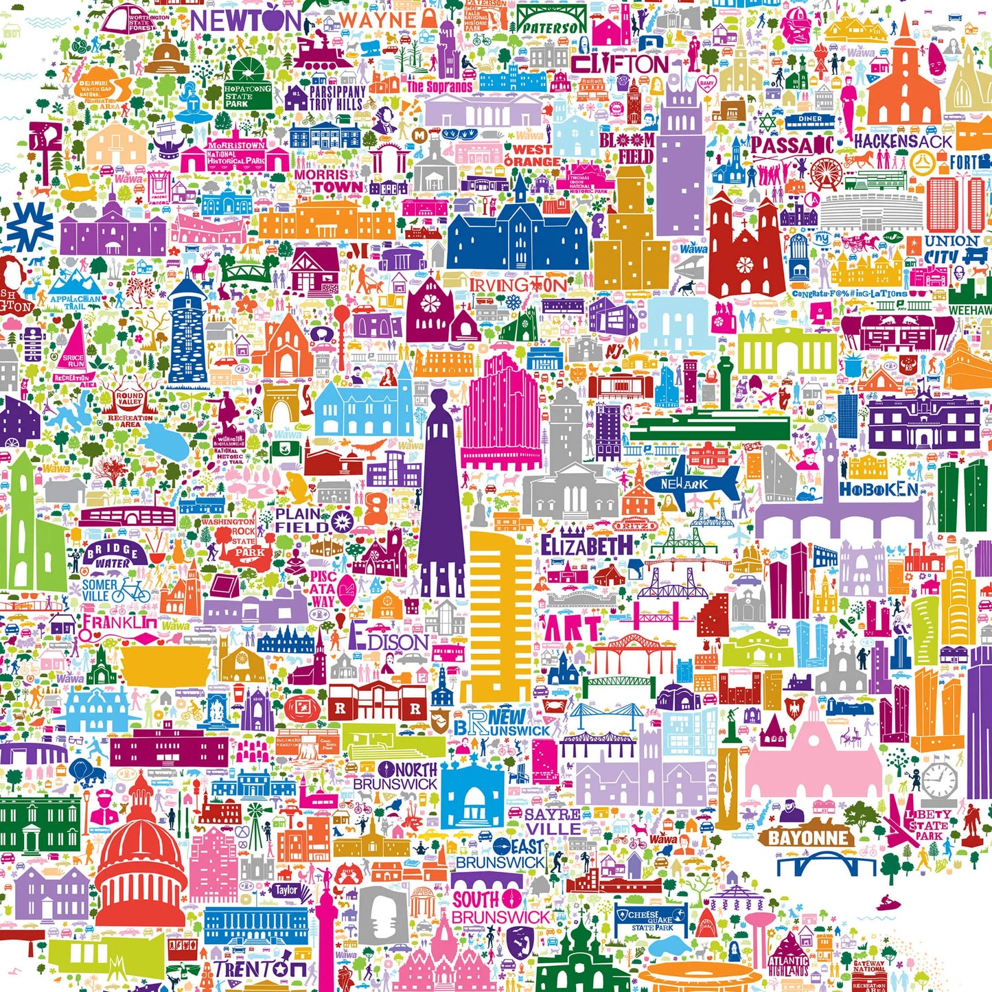 Close-up of colorful New Jersey city map art print featuring Newark, Hoboken, Edison, and Trenton landmarks — detailed wall art design by Alfalfa New York.