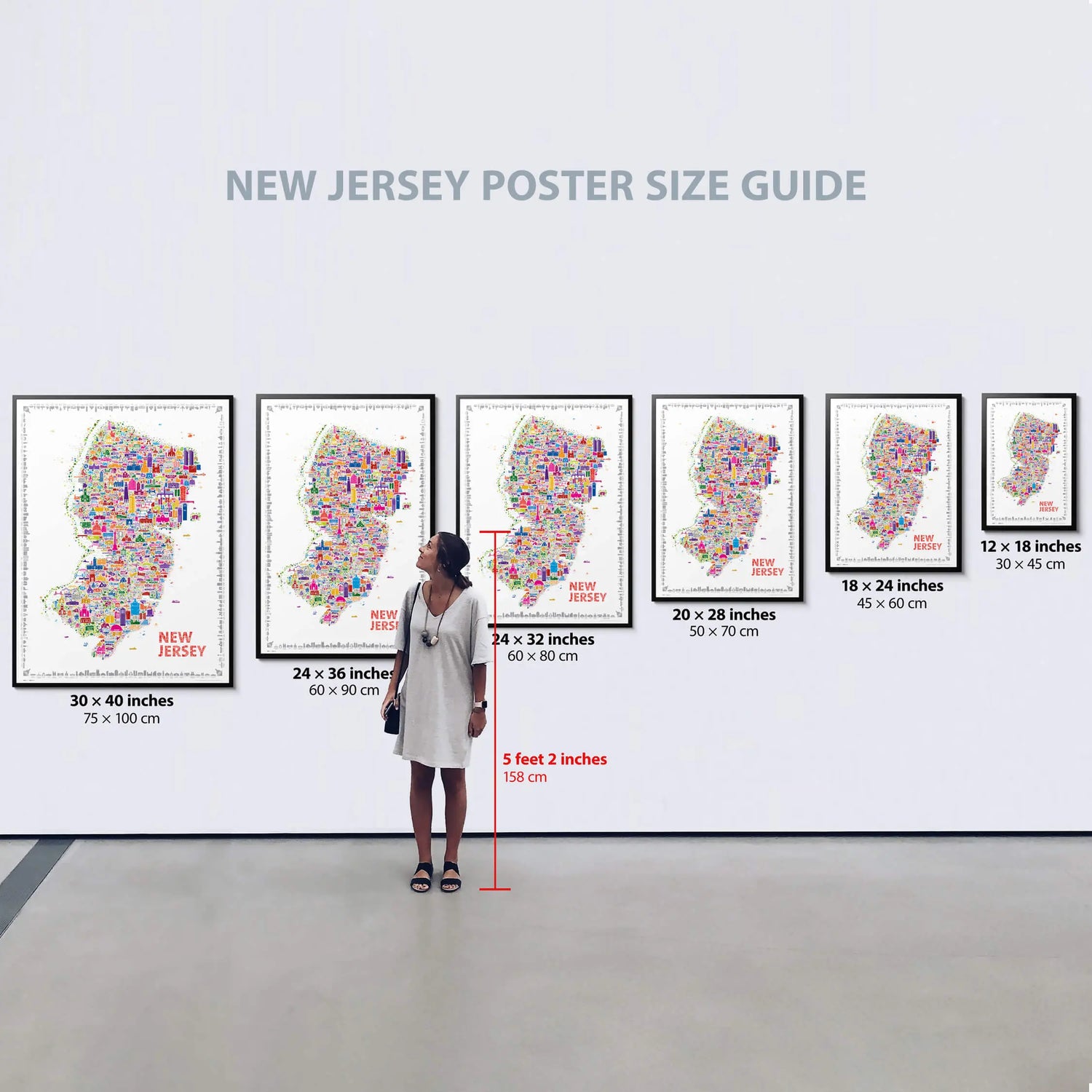 New Jersey poster size guide showing wall art prints from 12×18 inches to 30×40 inches, displayed beside a woman standing 5 feet 2 inches tall — visual scale reference by Alfalfa New York.