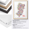 Framed colorful map of New Jersey with frame design and materials information.