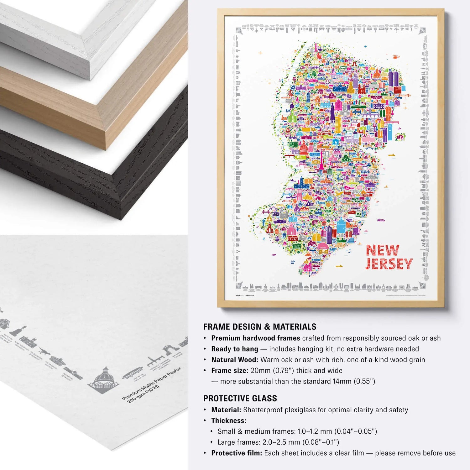 Framed colorful map of New Jersey with frame design and materials information.