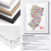 Framed colorful map of New Jersey with frame design and materials information.