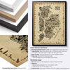 New York State Antique illustrated map poster with black, natural and white hardwood frame options, premium matte paper and detailed framing specifications.