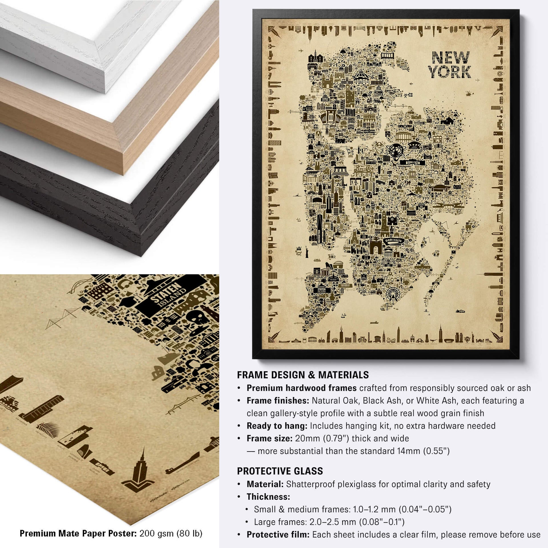 New York State Antique illustrated map poster with black, natural and white hardwood frame options, premium matte paper and detailed framing specifications.