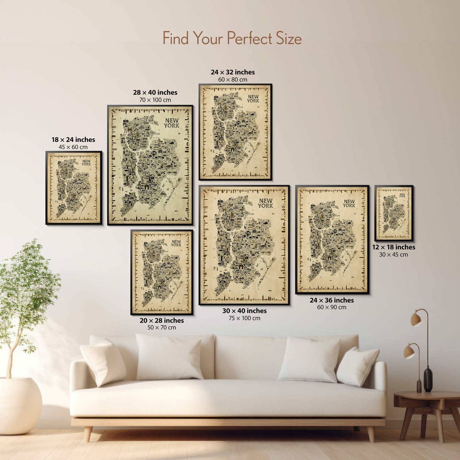 New York City Five Boroughs Antique illustrated map poster size guide showing seven framed print sizes from 12 x 18 to 30 x 40 inches above a neutral sofa.