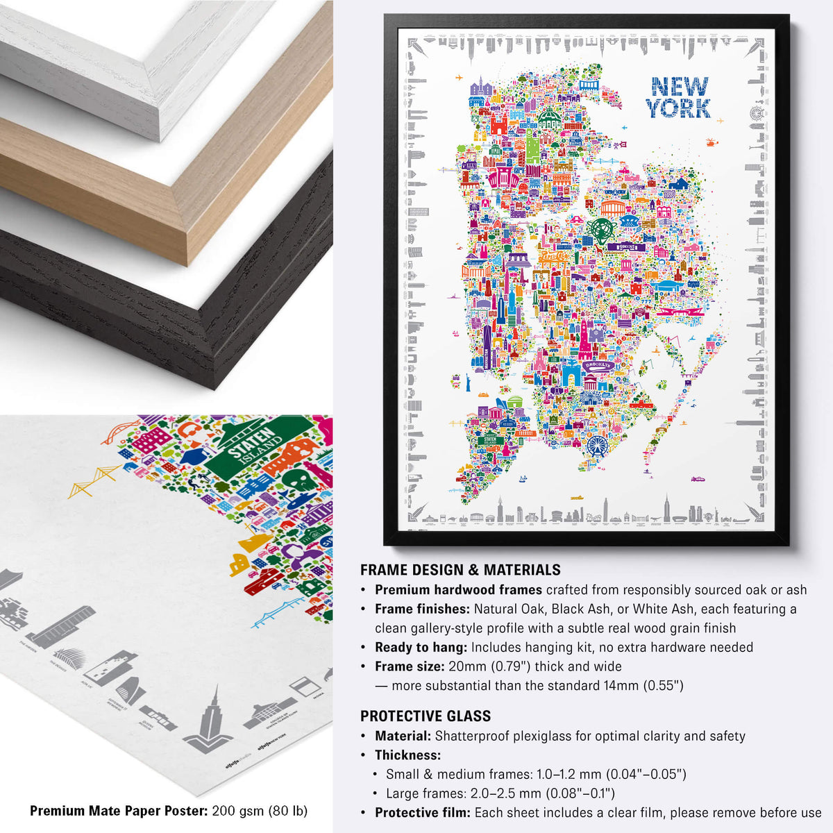 Colorful New York City Five Boroughs illustrated map poster in a black frame with natural oak, black ash and white ash frame options, premium matte paper detail, and protective plexiglass specifications.