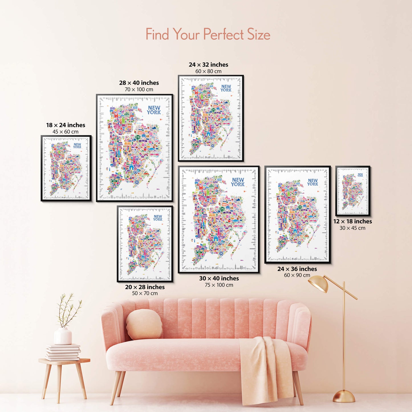 Colorful New York City Five Boroughs illustrated map poster size guide showing seven framed print sizes from 12 x 18 to 30 x 40 inches above a blush pink sofa.