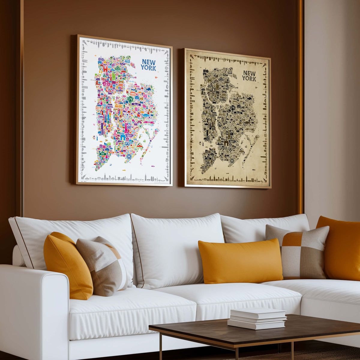 Colorful and Antique New York City Five Boroughs illustrated map posters displayed side by side in natural wood frames above a white sofa with mustard pillows in a warm modern living room.