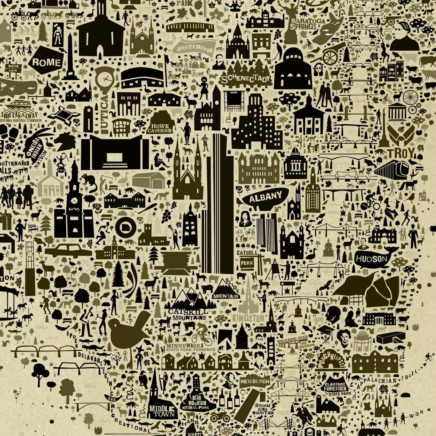 Close-up detail of the Iconic New York State Antique Map Poster showing Albany, Troy, Utica, Schenectady, Saratoga Springs, the Catskills, Hudson Valley, historic buildings, parks, and cultural icons.