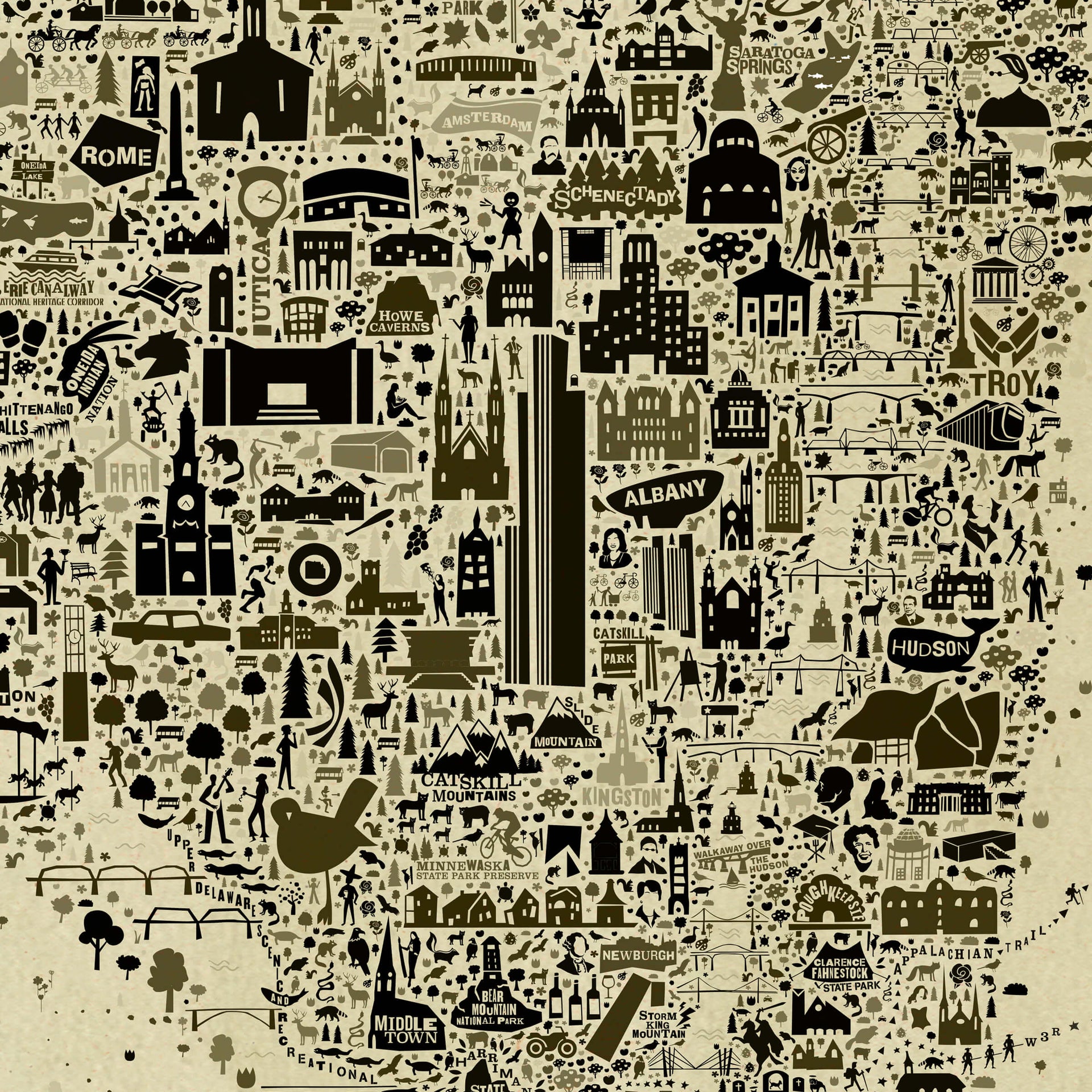 Close-up detail of the Iconic New York State Antique Map Poster showing Albany, Troy, Utica, Schenectady, Saratoga Springs, the Catskills, Hudson Valley, historic buildings, parks, and cultural icons.
