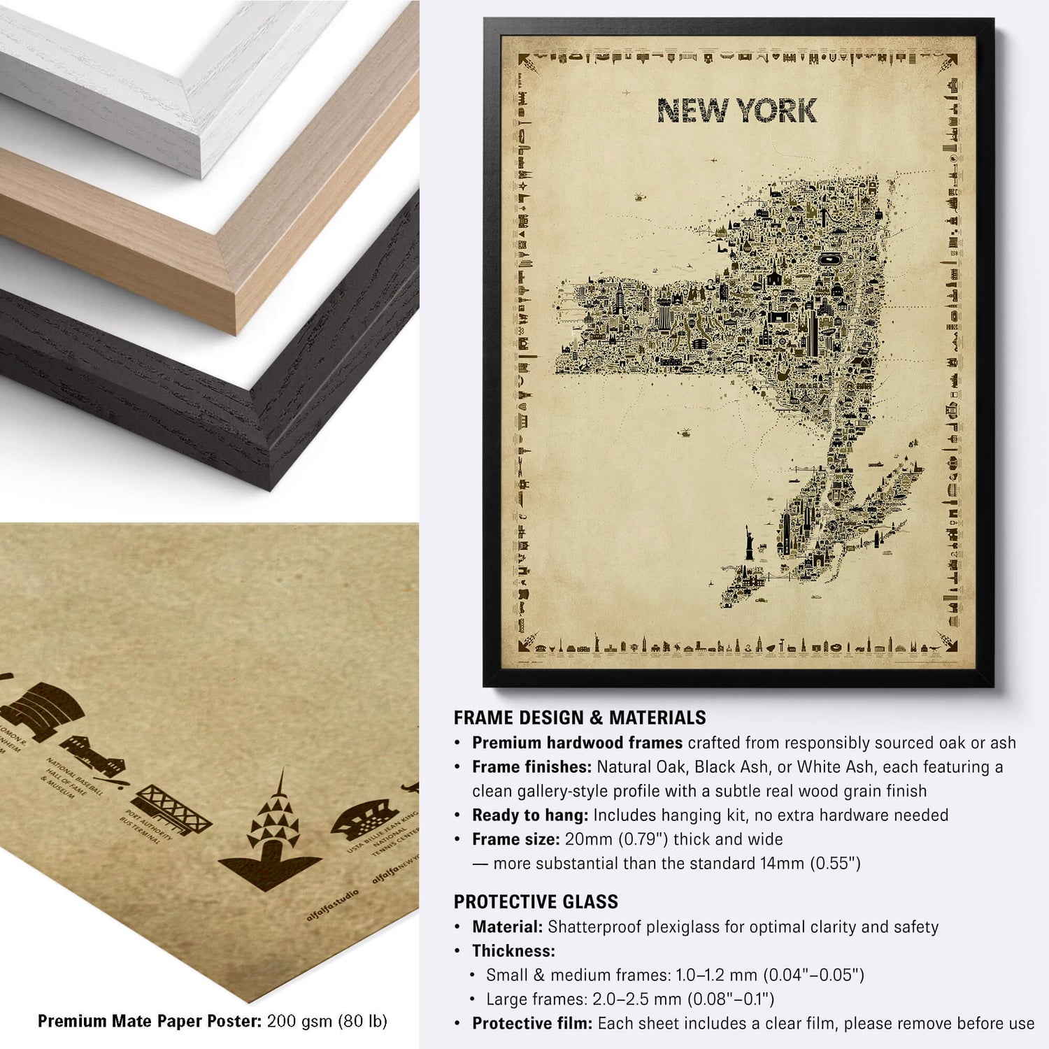 New York State Antique illustrated map poster with black, natural and white hardwood frame options, premium matte paper and detailed framing specifications.