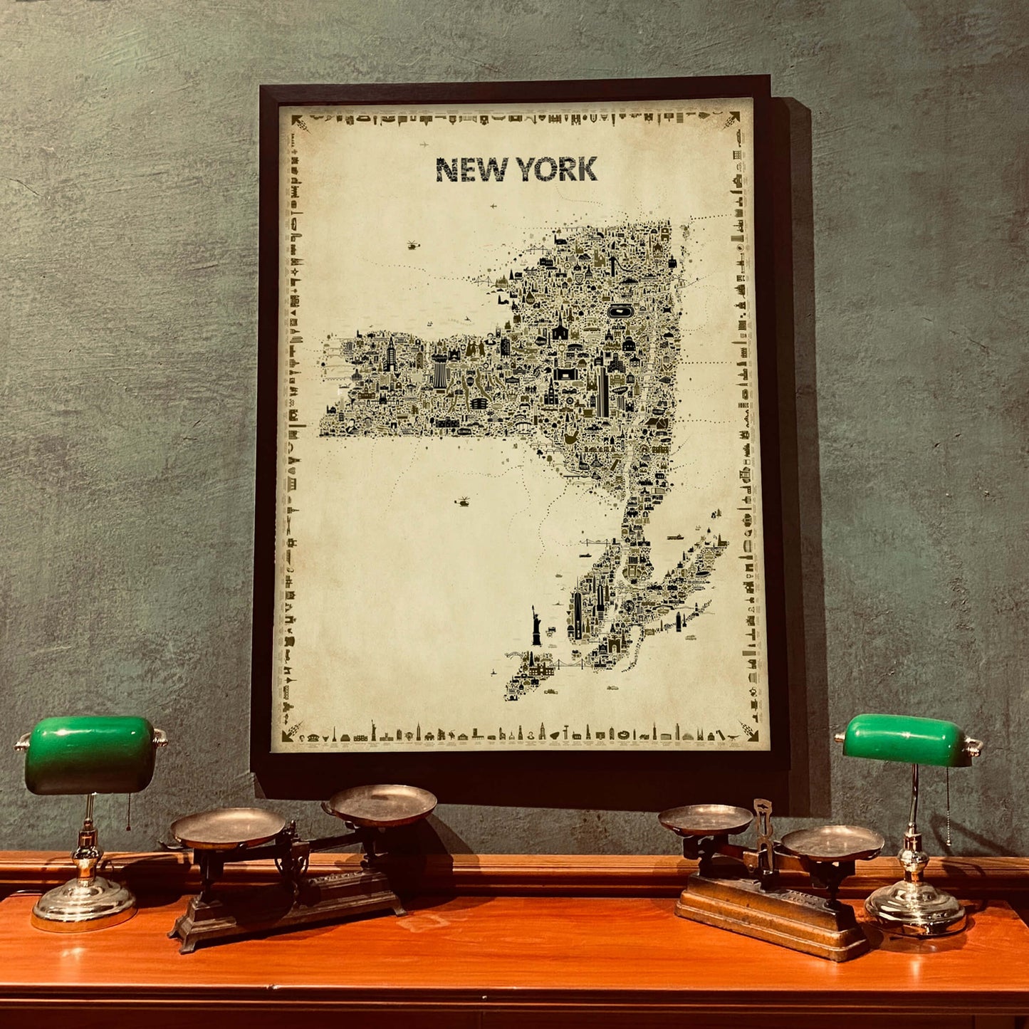 Iconic New York State Antique Map Poster in a dark frame displayed above a wooden desk with green banker lamps, a vintage NY State artwork for home office, study, or library décor.