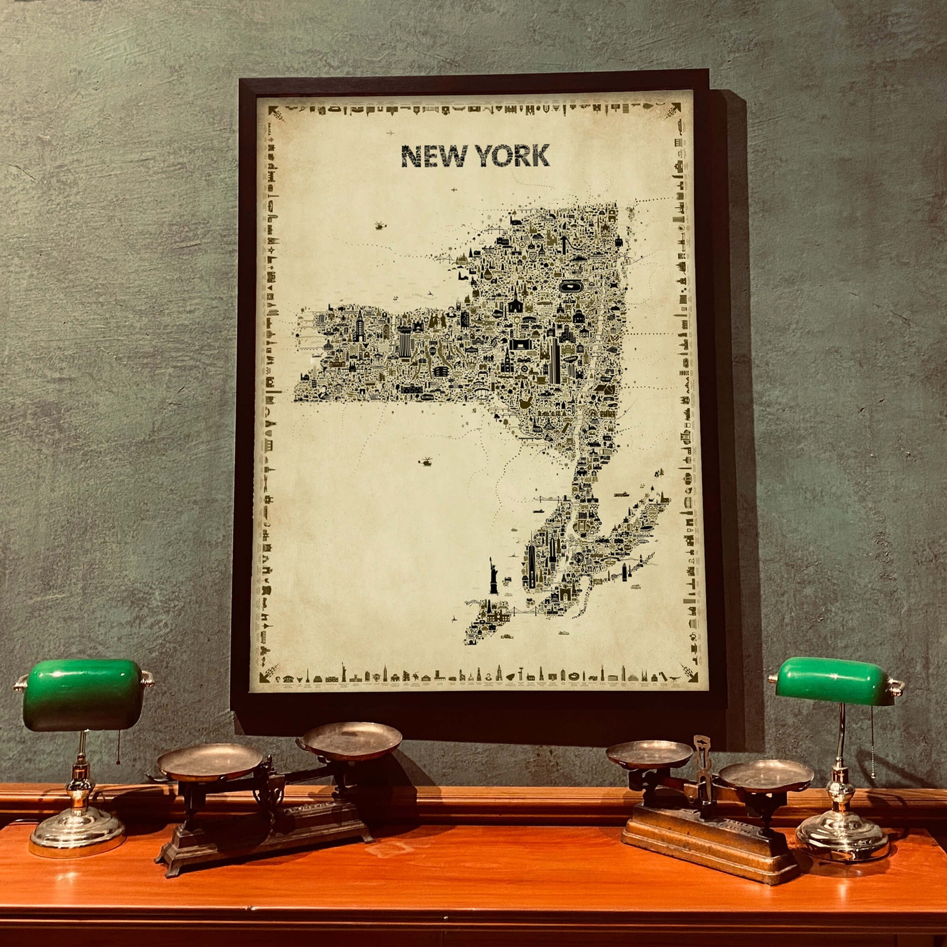 Iconic New York State Antique Map Poster in a dark frame displayed above a wooden desk with green banker lamps, a vintage NY State artwork for home office, study, or library décor.