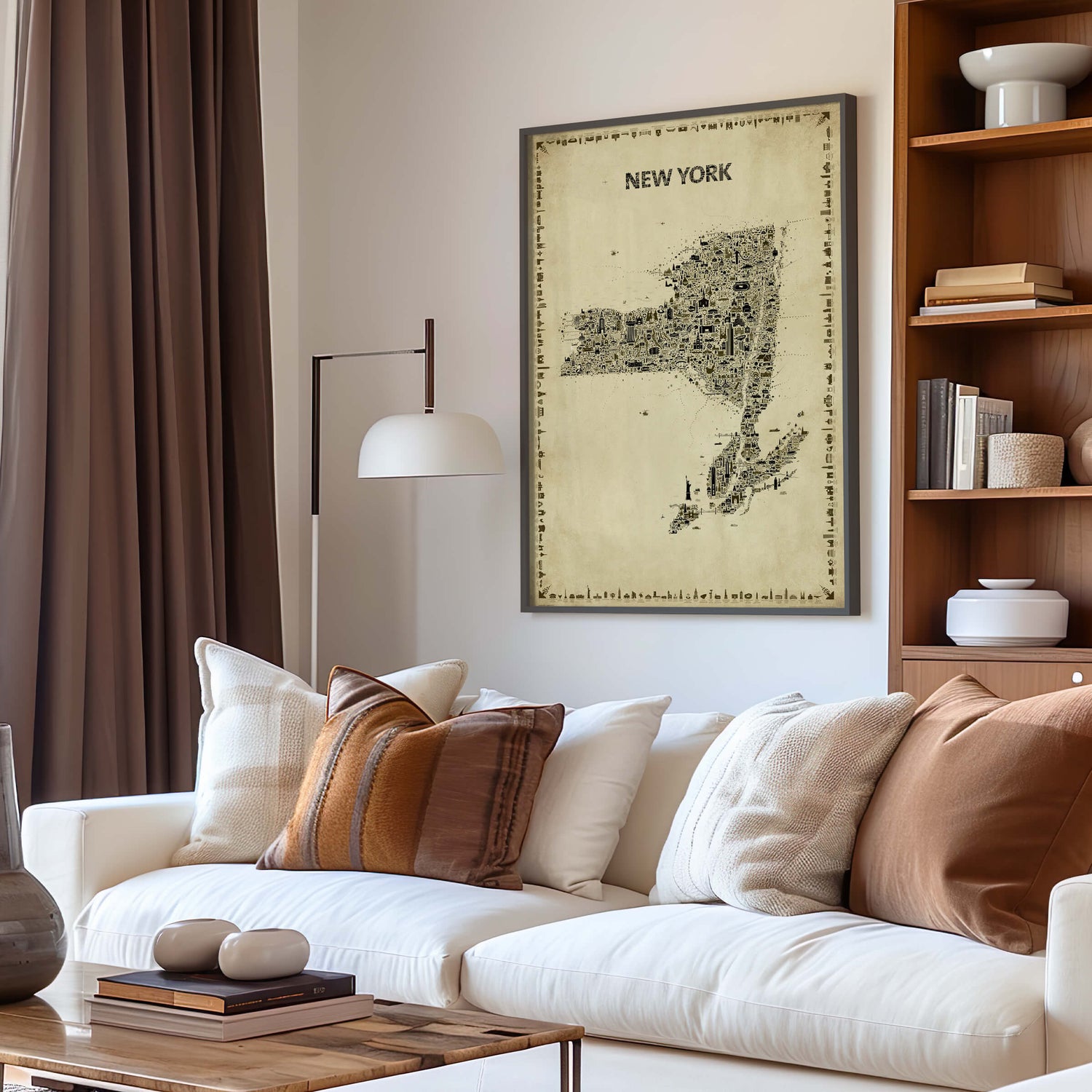 New York State Antique Map Poster framed above a white sofa in a modern living room, a warm sepia NY State wall art print and travel souvenir for elegant home décor.