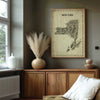 New York State Antique Map Poster in a natural wood frame above a warm wooden cabinet, styled with pampas grass and neutral décor for a calm study, bedroom, or living room.