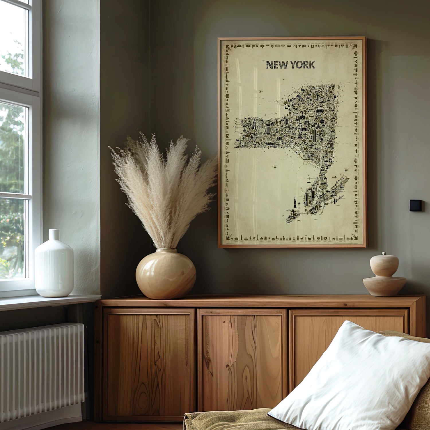 New York State Antique Map Poster in a natural wood frame above a warm wooden cabinet, styled with pampas grass and neutral décor for a calm study, bedroom, or living room.
