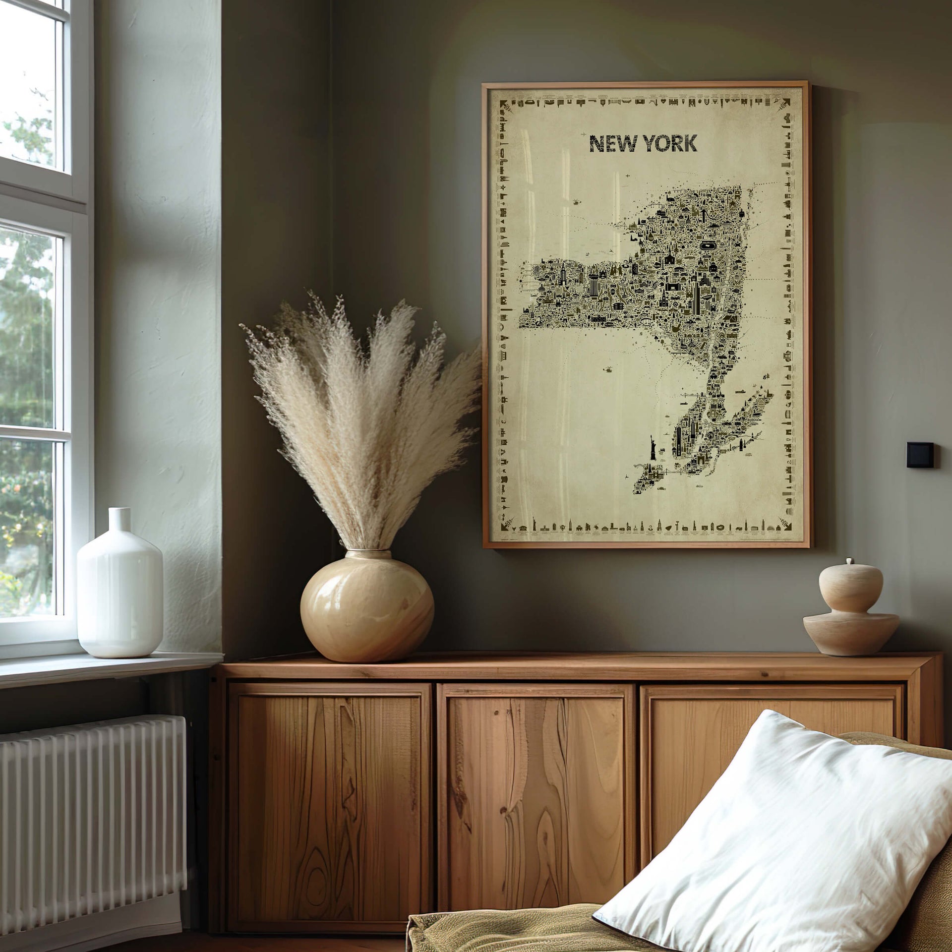 New York State Antique Map Poster in a natural wood frame above a warm wooden cabinet, styled with pampas grass and neutral décor for a calm study, bedroom, or living room.
