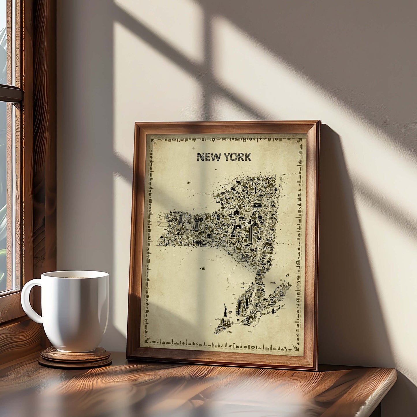 New York State Antique Map Poster in a warm wood frame leaning by a sunlit window beside a coffee mug, a cozy vintage Empire State print for calm home décor.