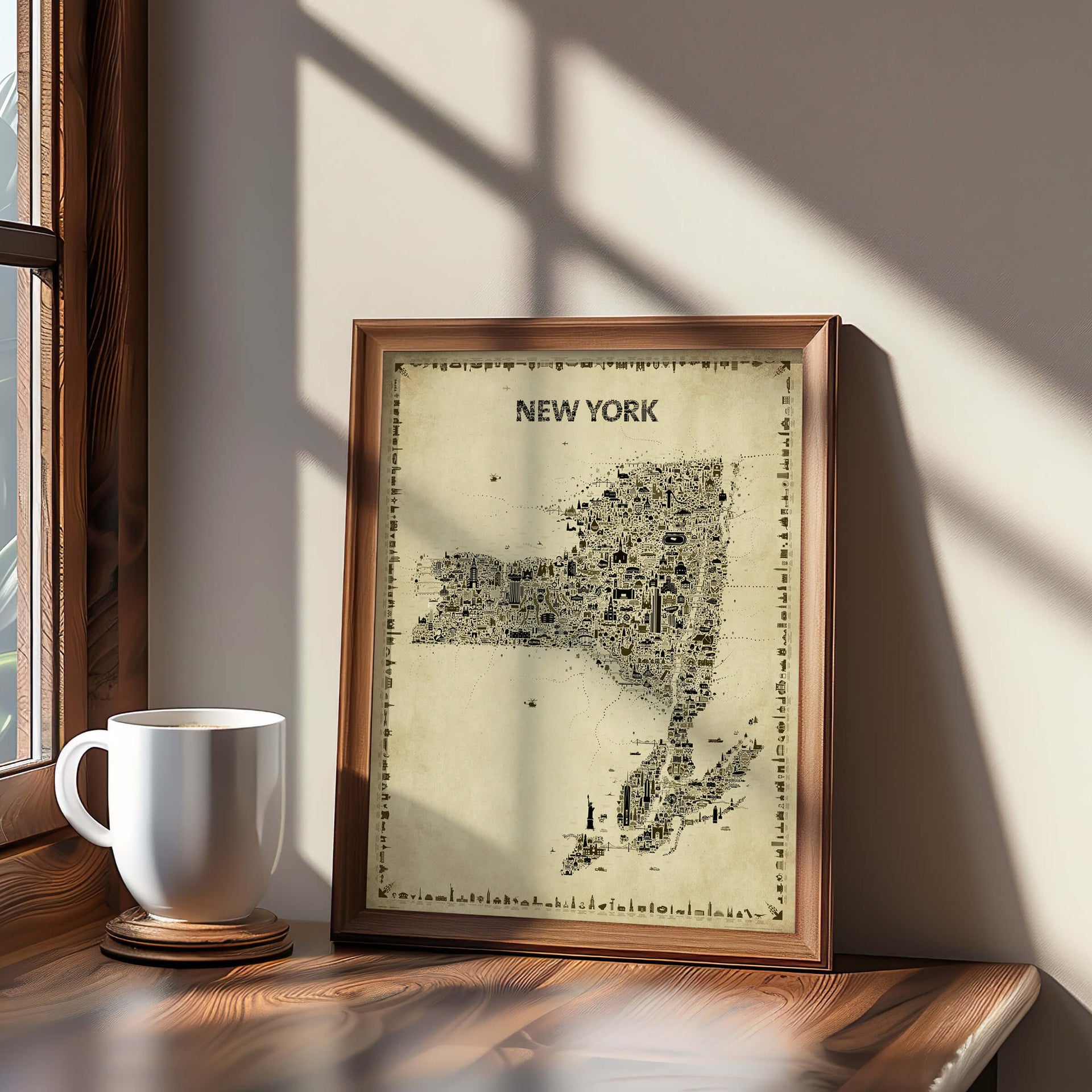 New York State Antique Map Poster in a warm wood frame leaning by a sunlit window beside a coffee mug, a cozy vintage Empire State print for calm home décor.