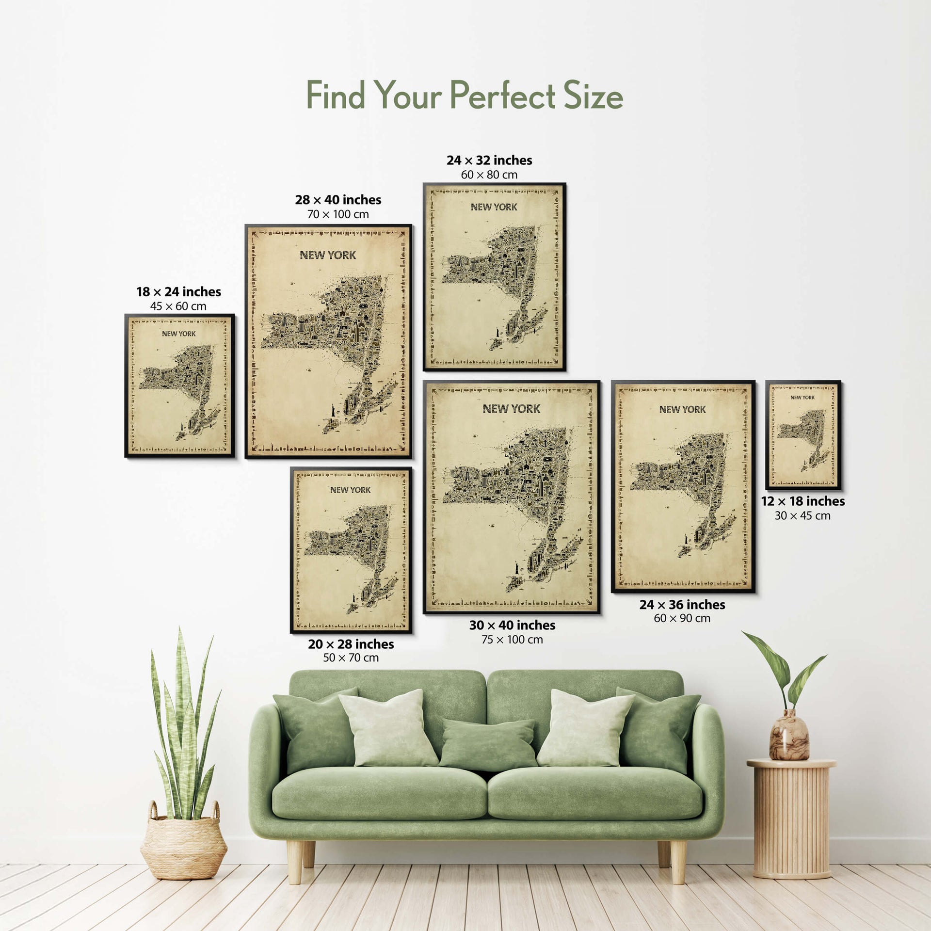 Size guide for the Iconic New York State Antique Map Poster showing multiple framed print sizes above a green sofa, helping shoppers choose the best NYS wall art size for their home.