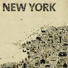 Close-up of the New York title on the Iconic New York State Antique Poster, made from many tiny hand-drawn icons, showing the detail and craftsmanship of this vintage map artwork.