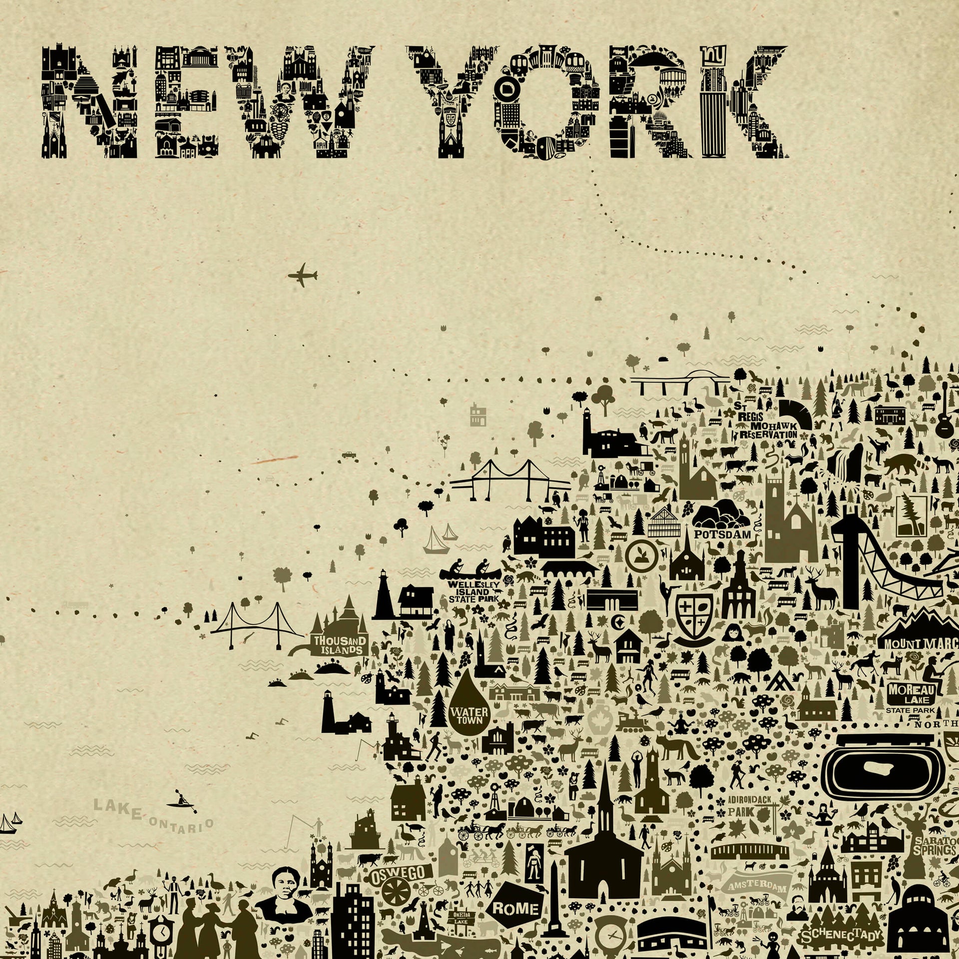 Close-up of the New York title on the Iconic New York State Antique Poster, made from many tiny hand-drawn icons, showing the detail and craftsmanship of this vintage map artwork.